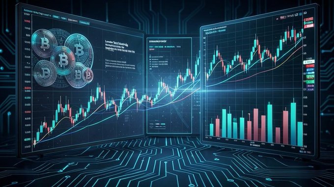 A digital illustration displays cryptocurrency trading charts, candlesticks, and gold Bitcoin coins against a blue circuit board background.