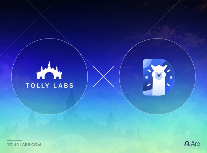 A promotional graphic for a partnership between Tolly Labs and Arc, featuring both logos in circular frames separated by an 'X' on a blue and purple gradient background with 'TOLLYLABS.COM' at the bottom.