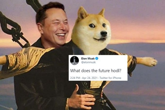 A photoshopped image shows a Shiba Inu dog's head placed on Elon Musk's body with arms outstretched. Overlaid is Musk's verified tweet reading "What does the future hodl?" (Apr 24, 2021), and the post jokes that "diamond hands" need a comeback reason via $LOOM on Solana to outshine the meme hype inspired by Musk's Dogecoin influence.