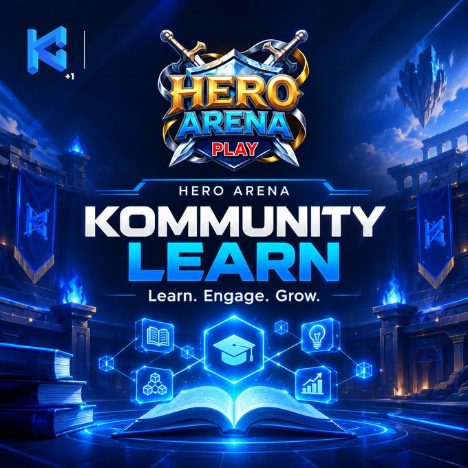 Promotional graphic for 'Hero Arena Play' featuring a 'Kommunity Learn' program with the tagline 'Learn. Engage. Grow.' set against a fantasy arena backdrop.