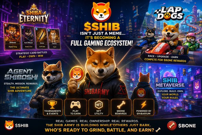 A promotional graphic for '$SHIB' advertises a gaming ecosystem featuring 'SHIBA ETERNITY', 'LAP DOGS', 'AGENT SHIBOSHI', and 'SHIB METAVERSE' games, with the tagline 'IT'S BECOMING A FULL GAMING ECOSYSTEM!' and powered by Shibarium.