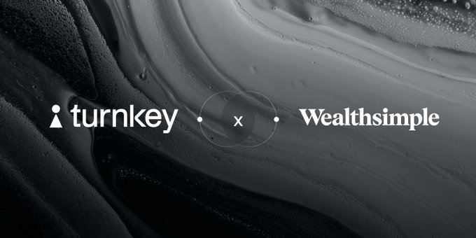 A dark, glossy abstract promotional graphic displaying the logos 'turnkey' and 'Wealthsimple' connected by an 'x' symbol.