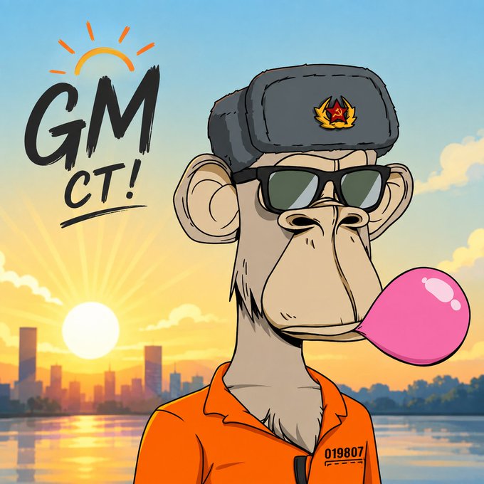 A cartoon illustration of a Bored Ape-like character wearing a Soviet-style ushanka hat with a red star, sunglasses, and an orange jumpsuit with the number '019807'. The character is blowing a pink bubblegum bubble against a sunset cityscape background, with 'GM CT!' text.