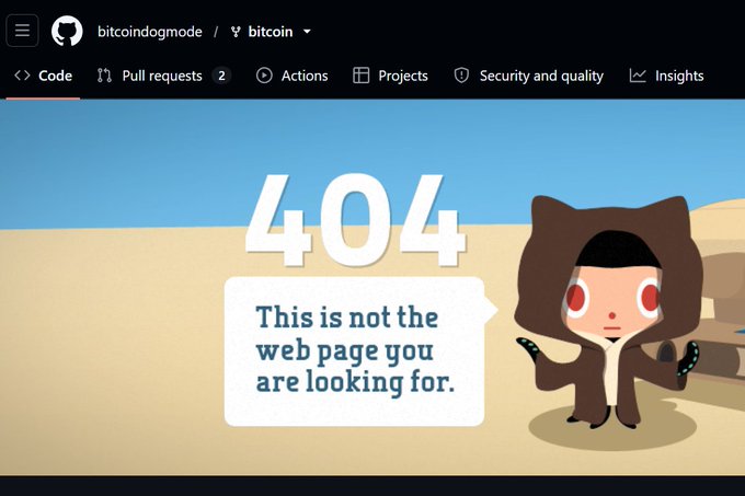 A 404 error page on GitHub for the 'bitcoindogmode/bitcoin' repository, featuring the bitcoindogmode mascot character saying 'This is not the web page you are looking for.'