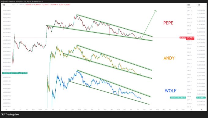 A TradingView chart displays descending channel patterns for three cryptocurrencies labeled PEPE, ANDY, and WOLF, with an upward arrow suggesting a potential breakout.