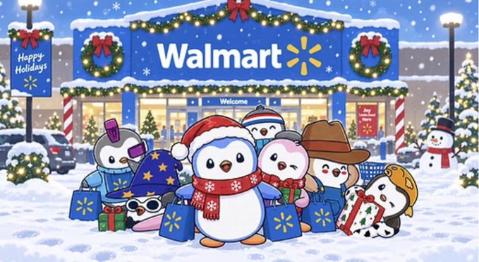 An illustration shows a group of cartoon penguins and a snowman wearing winter clothing and holding gifts in front of a 'Walmart' store decorated for 'Happy Holidays'.