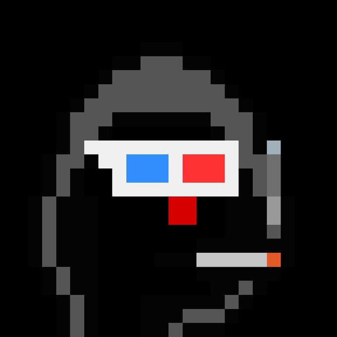 A pixel art character with a black hooded robe and glowing red 3D glasses appears to hold a cigarette, set against a dark background.