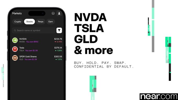 A promotional graphic for near.com showing a mobile app interface displaying stocks like NVDA ($234.78), TSLA ($379.34), and GLD ($383.58), with the tagline "BUY. HOLD. PAY. SWAP. CONFIDENTIAL BY DEFAULT."