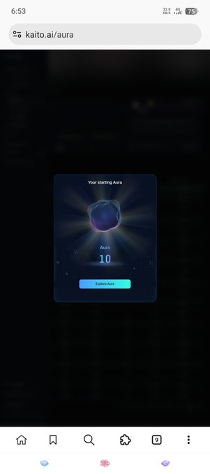 A mobile screen showing the kaito.ai/aura webpage with a dark-themed interface displaying 'Your starting Aura' rated 10 and an 'Explore Aura' button.