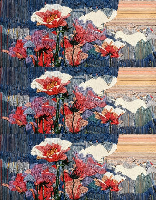 An artistic triptych showing red poppies and white flowers in an impressionist painting style repeated three times vertically.