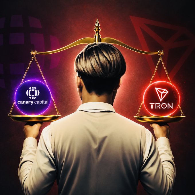 A person seen from behind holding a balanced scale, weighing the "Canary Capital" logo on a glowing purple orb against the "TRON" logo on a glowing red orb, symbolizing the launch of the Canary Staked TRX ETF (TRXS), which enables investors to gain exposure to TRX at spot prices.