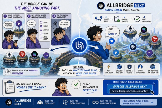An illustrated advertisement for ALLBRIDGE NEXT cross-chain bridging service, featuring cartoon characters and highlighting features like low fees, security, and support for Ethereum, Tron, and Solana networks.