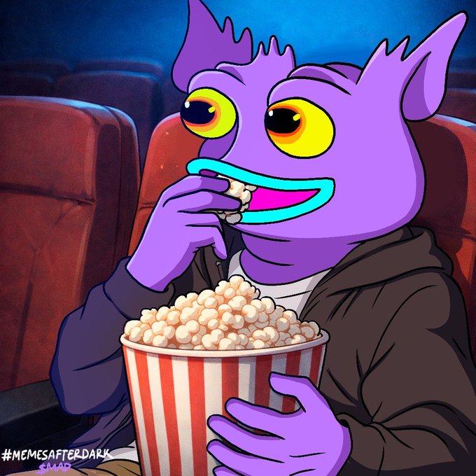 An illustration of a purple cartoon monster with large yellow eyes eating popcorn in a movie theater, with the text '#MEMESAFTERDARK' in the corner.