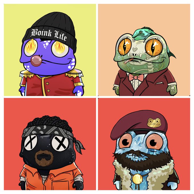 A 2x2 grid of cartoon NFT-style characters: a purple figure in a 'Boink Life' beanie with flame eyes, a green frog/toad in a suit with a bow tie, a black character with X eyes and bandana in an orange shirt, and a blue crystalline figure with a mustache, fur collar, and maroon beret.
