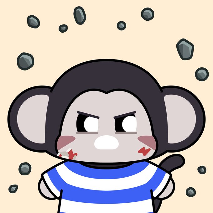 A cartoon monkey character in a blue and white striped shirt, with an angry expression, blood on its face, and rocks flying around it.