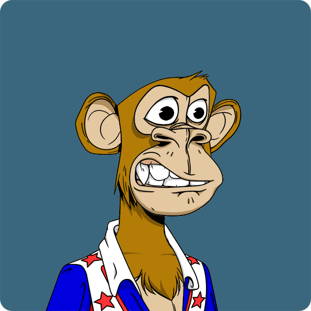 A cartoon illustration of a brown monkey with an angry expression, showing gritted teeth, wearing a blue, white, and red star-spangled jacket.