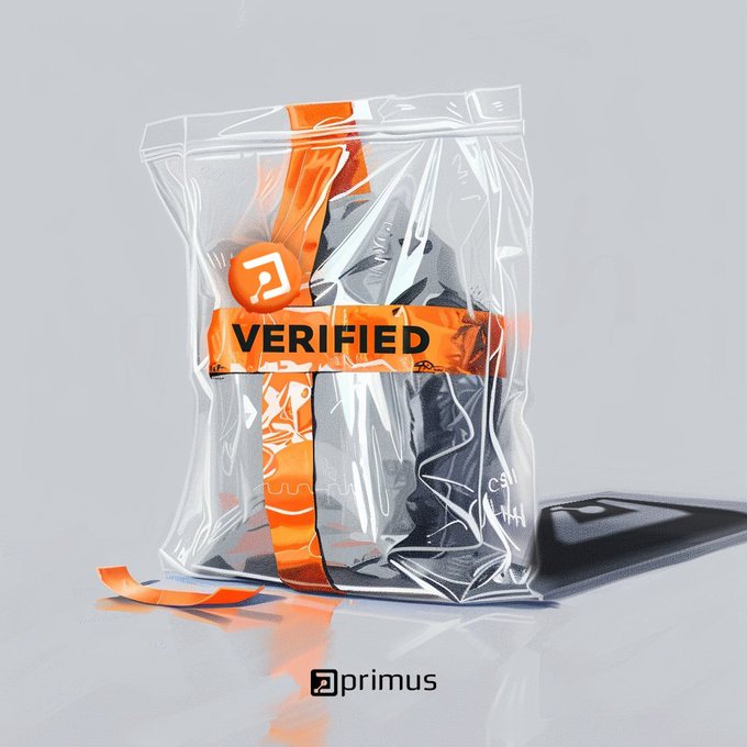 A 3D render of a dark, sculpted object inside a clear plastic bag sealed with an orange strap that reads 'VERIFIED' and features a Primus logo, with another Primus logo visible at the bottom.