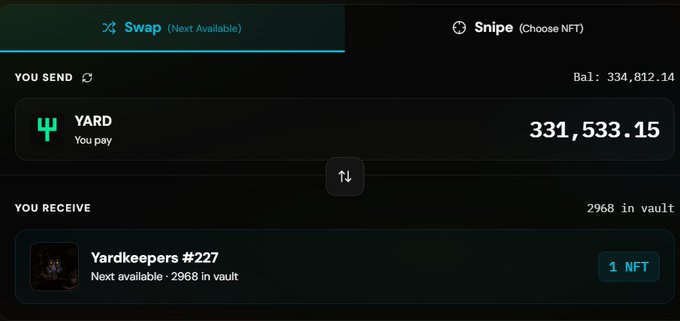 A dark-themed cryptocurrency swap interface showing a trade of 331,533.15 YARD tokens for a Yardkeepers #227 NFT, with a balance of 334,812.14.
