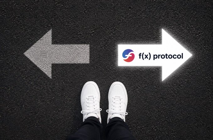 A first-person view of feet in white sneakers standing on asphalt between two arrows, with the right arrow labeled "f(x) protocol".