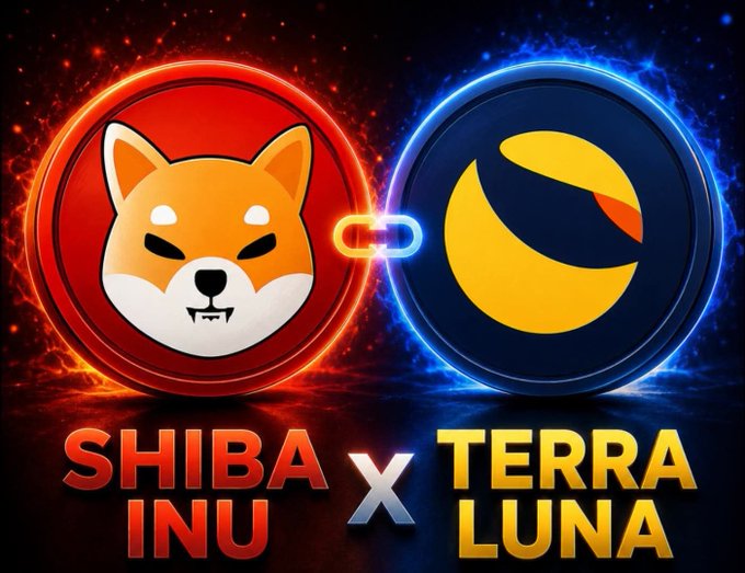 A dramatic cryptocurrency promotional image featuring Shiba Inu (SHIB) on the left in red flames connected by a chain link to Terra Luna on the right with blue energy.
