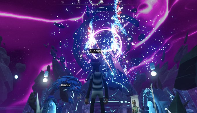 A vibrant in-game screenshot showing players 'r_ocky' and 'Dejahvu' standing before a massive glowing tree with purple and blue energy effects.