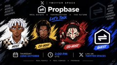 Promotional poster for a Propbase X Spaces AMA with Tinyjamj, featuring illustrated speakers labeled “Host,” “Co-host,” and “Guest.” It announces a discussion on real estate tokenization and the future of on-chain property ownership at 2:00 PM UTC on 22 October, tying directly to the accompanying post’s event announcement.