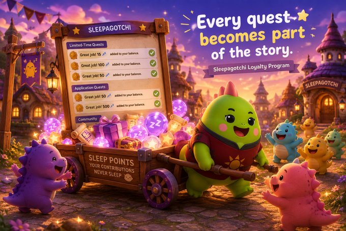 The image features a cartoon character floating down from the sky with a sign that says "Every quest becomes part of the story" and "Sleeping Pointochi loyalty program". The character appears to be a green dinosaur, and there are several other cartoon characters in the background as well. They all seem to be enjoying themselves. The image is related to the post because it promotes an alternative approach to airdrops by highlighting how early contributions can still be appreciated and valued through this unique loyalty program.