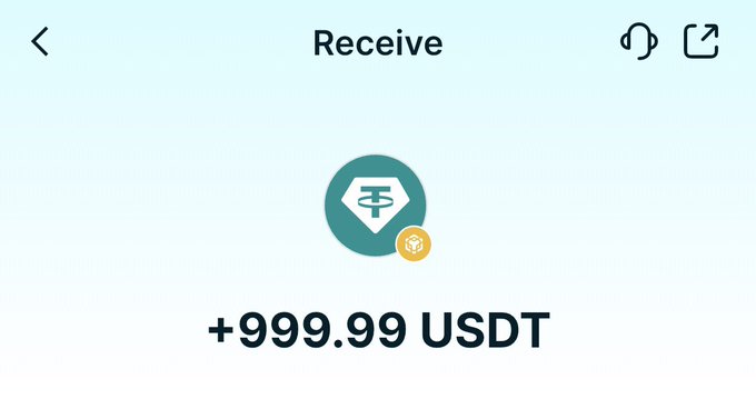 A mobile app screen showing a 'Receive' transaction for '+999.99 USDT' with a USDT logo icon.