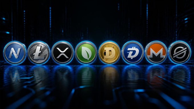 A row of seven cryptocurrency coin logos displayed against a dark digital background with blue accents, including symbols for N, L, XRP, LEO, DOGE, DASH, MONERO, and XMR.