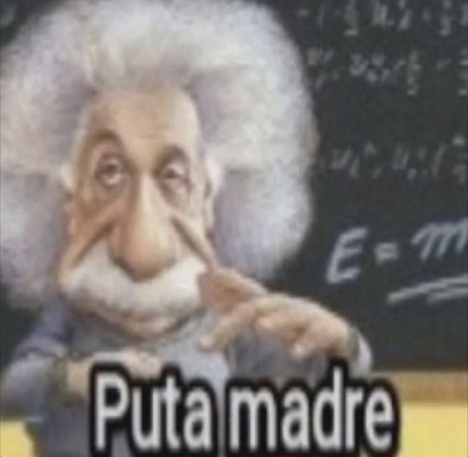 A meme featuring Albert Einstein with the famous E=mc² equation in the background, pointing forward with the Spanish caption 'Puta madre'.