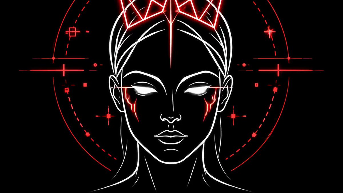 The image features a black background with a white face of a woman wearing red makeup, giving her an ethereal appearance. The woman's eyes are closed, and she has a crown on her head, which adds to her regal look. The caption below the image reads "One week passed. The system keeps evolving. Upcoming week is going to be significant. XP and BIO-SCORE evolving beyond simple progression systems".