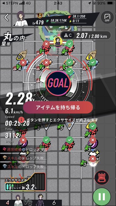 Gameplay screenshot of a Japanese mobile game showing a 'GOAL' screen with a score of 2.28, speed of 6.1 km/h, time of 31:29, and a prompt to 'press the button and exercise will end'.