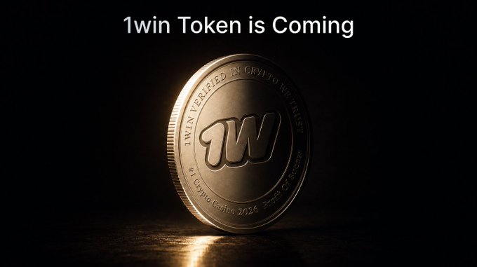 A gleaming gold "1win Token" coin stands dramatically against a dark background, illuminated like a beacon with the inscription "Verified in Crypto We Trust" and "Crypto Casino 2026." The imagery visually echoes the post's message, symbolizing the 1win Token as a hopeful "light in the darkness of the bear market" for crypto.