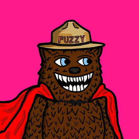 A menacing cartoon bear with bared fangs wears a ranger hat labeled "FUZZY" and a red cape against a hot pink background. The image nods to the post's claim that the Fuzzybear NFT collection was no coincidence, replacing Smokey Bear's iconic name with "FUZZY" as a coded tribute ahead of the NFT launch.
