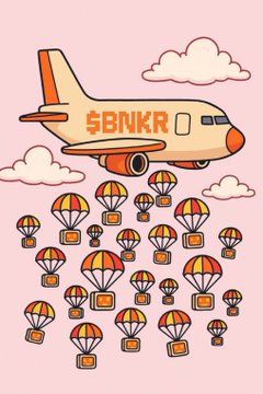 A cartoon illustration of an airplane labeled "$BNKR" dropping numerous parachutes carrying boxes with orange logos against a pink sky.