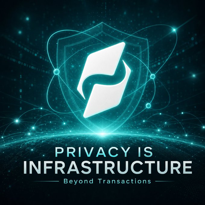 A digital graphic featuring a teal shield logo with the text 'PRIVACY IS INFRASTRUCTURE' and tagline 'Beyond Transactions' against a starry tech-themed background.