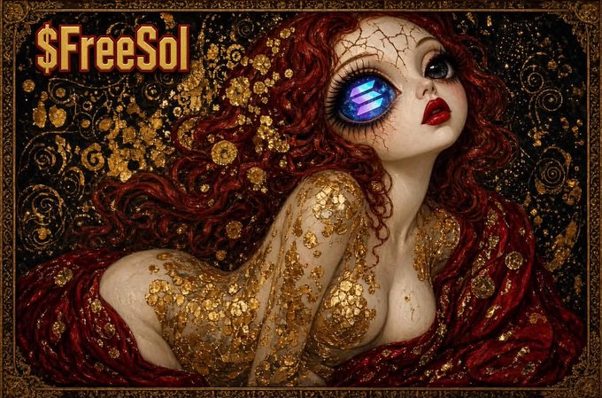 A dark fantasy-style digital artwork featuring a pale woman with red hair, one eye replaced by a glowing Solana logo, with '$FreeSol' text displayed in the upper left corner.