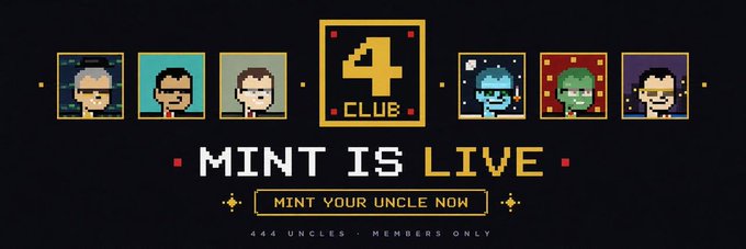 The image is a promotional graphic for "4 CLUB" NFT minting event, featuring pixel art portraits of six character variations of "CZs" in different colors and styles, with text reading "MINT IS LIVE," "MINT YOUR UNCLE NOW," and noting "444 UNCLES • MEMBERS ONLY." The accompanying tweet suggests this is a fork inspired by stonkbrokers featuring CZ (Binance's Changpeng Zhao) pixel art, with speculation that CZ might promote the $fourclub token on Binance.