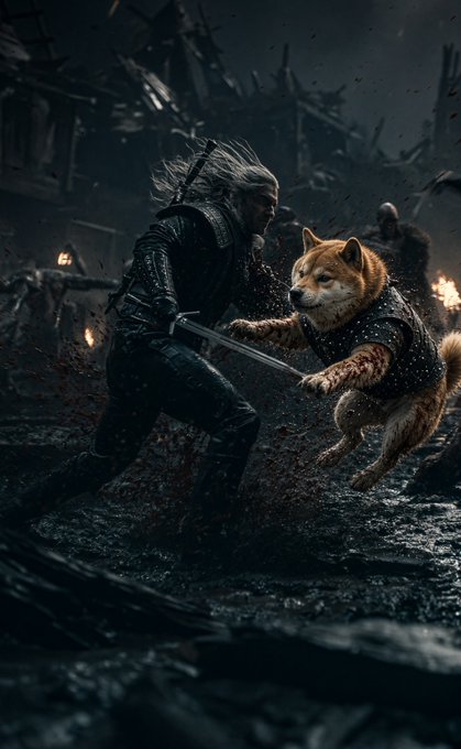 A dramatic digital artwork depicting a white-haired warrior in dark armor wielding a sword, facing off against an armored Shiba Inu dog in a dark, post-apocalyptic battlefield setting.