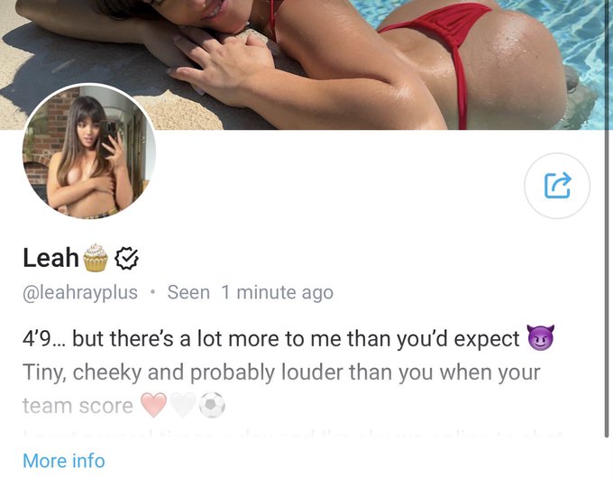 The image shows a profile from what appears to be a social or dating platform, featuring a user named "Leah" (@leahrayplus) with a cupcake and checkmark emoji next to her name. Her display photos show her in a red bikini by a pool and taking a mirror selfie. Her bio reads "4'9… but there's a lot more to me than you'd expect " and "Tiny, cheeky and probably louder than you when your team score 🩷🤍⚽️," indicating her short stature and playful personality. The post likely refers to her referencing her petite frame in relation to the accompanying image or topic.