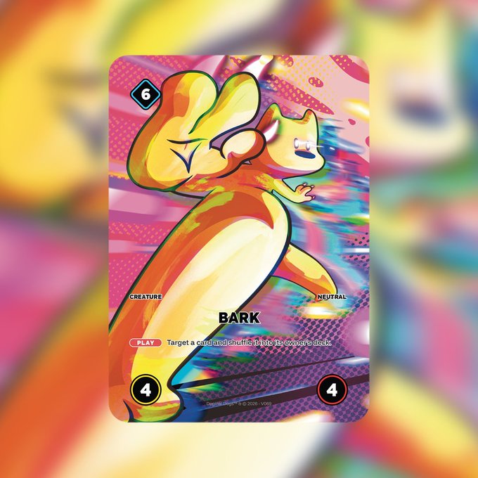 A holographic trading card game card named 'BARK' features an orange cartoon creature, costs 6, is a Creature/Neutral type with 4/4 stats, and reads: 'PLAY: Target a card and shuffle it into its owner's deck.'