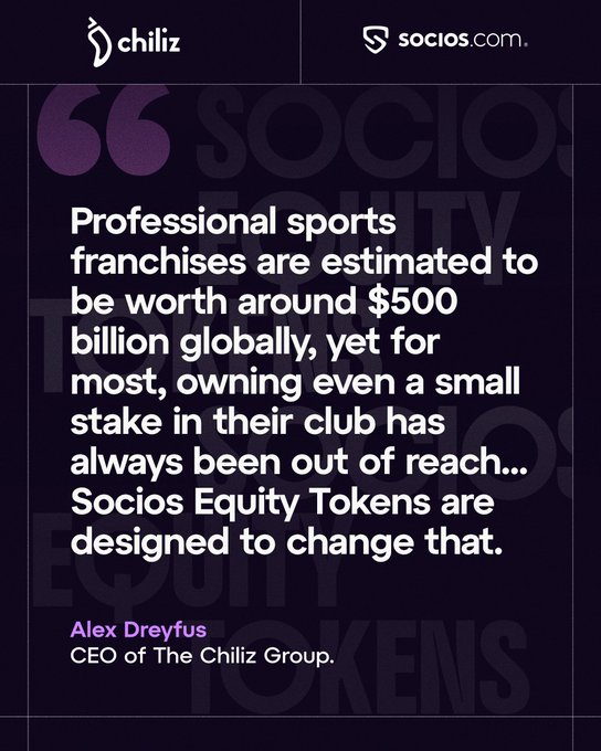 The image features a quote from Alex Dreyfus, CEO of The Chiliz Group, on a dark background with Chiliz and Socios.com logos at the top. It states that while professional sports franchises are worth around $500 billion globally, ownership stakes have historically been out of reach for most — and Socios Equity Tokens are designed to change that, aligning with the post's message about making sports equity accessible through tokenization.