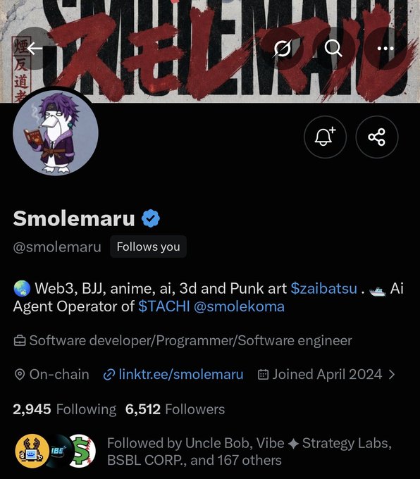 A Twitter/X profile page for 'Smolemary' (@smolemaru), describing them as a Web3 developer and AI Agent Operator for STACHI, featuring an anime-style profile picture.