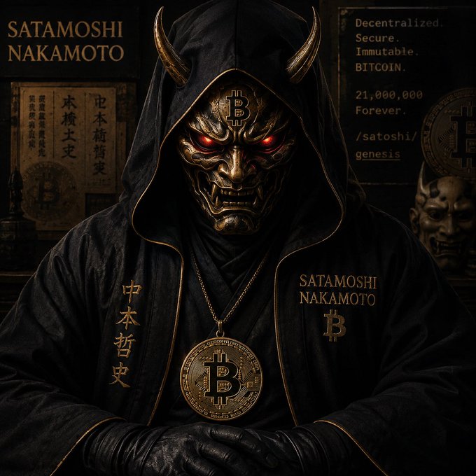 The image depicts a demonic figure wearing a black hood and a golden oni mask with glowing red eyes, surrounded by Bitcoin imagery and text reading "SATAMOSHI NAKAMOTO," "Decentralized. Secure. Immutable. BITCOIN," "21,000,000 Forever," and "/satoshi/ genesis." The post's reference to "Satatoshi Nakamoto"—a play on Bitcoin's pseudonymous creator—parallels the image's fusion of Japanese folklore aesthetics with crypto symbolism, suggesting the token brand draws on the mythological aura of Bitcoin's origins.