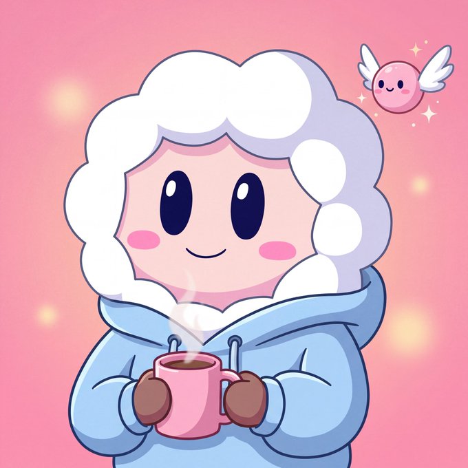 A cute cartoon character with fluffy white hair holding a steaming pink mug, wearing a blue hoodie against a pink background with a small winged heart character floating nearby.