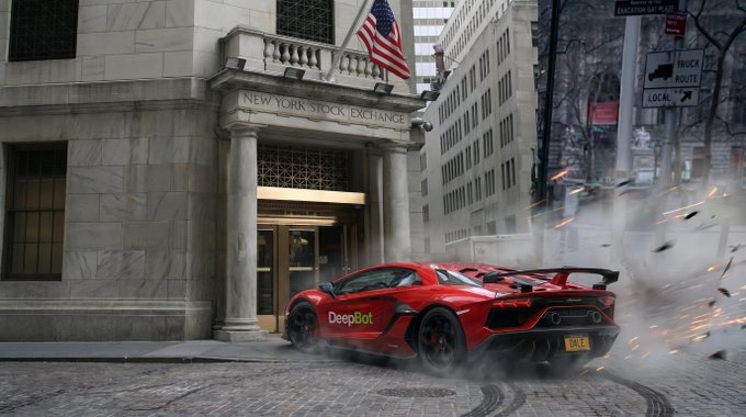 A red Lamborghini with 'DeepBot' branding crashed dramatically outside the New York Stock Exchange building, with smoke, sparks, and debris scattering across the street.