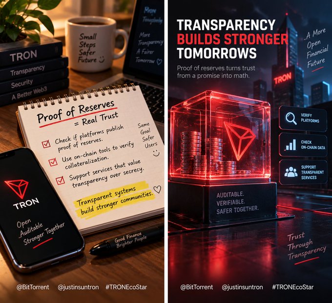 A promotional graphic for TRON cryptocurrency advocates for transparency, featuring text like "Proof of Reserves = Real Trust" and "TRANSPARENCY BUILDS STRONGER TOMORROWS" alongside a 3D red TRON token display.