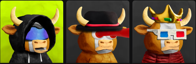 Three digital 3D-rendered bull characters with horns: one in a black hoodie with a VR headset, one wearing a black bowler hat with 3D glasses, and one wearing a gold crown with 3D glasses and a red scarf.