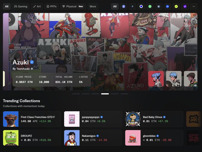 An NFT marketplace screen showing the "Azuki" collection by TeamAzuki with a floor price of 0.9837 ETH and 831.1K ETH total volume, along with Trending Collections.