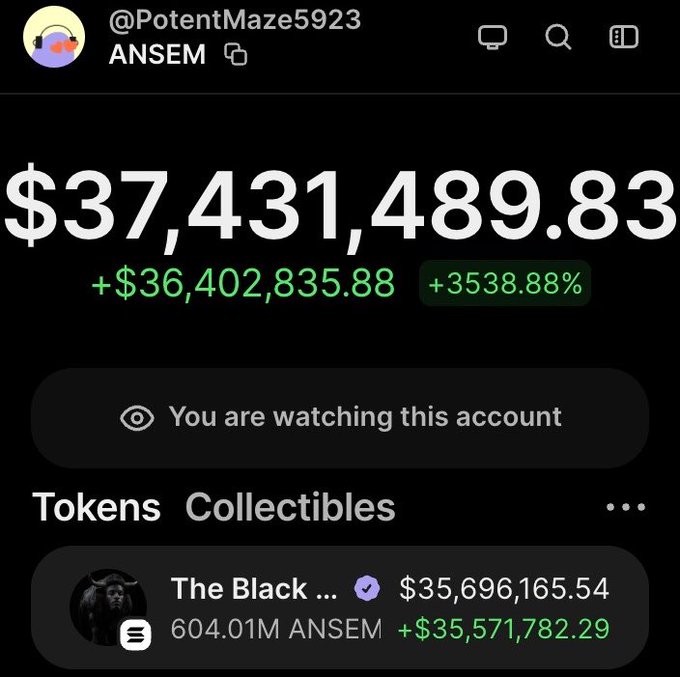 The image shows a crypto portfolio screen for user @PotentMaze5923 (ANSEM) displaying a total balance of $37,431,489.83, with a recent gain of +$36,402,835.88 (+3538.88%), primarily driven by holdings in "The Black..." token valued at $35,696,165.54. This visually supports the post's claim that ANSEM made approximately $36 million USD in gains overnight through crypto trading.